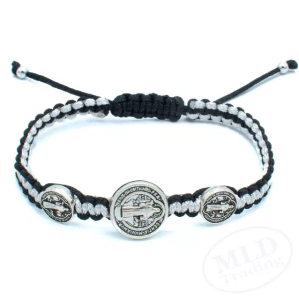 Black White Saint St Benedict Medal Trinity Bracelet Pulsera